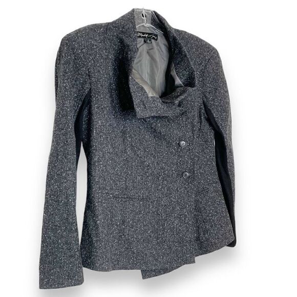 Elizabeth James Asymmetric Donegal Wool Blend Cowl Neck Blazer Coat Gray Black 4 - Picture 2 of 9